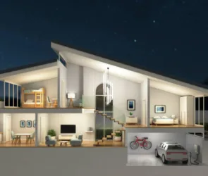 Modern home cross section, night scene, d rendering, isolated illustration